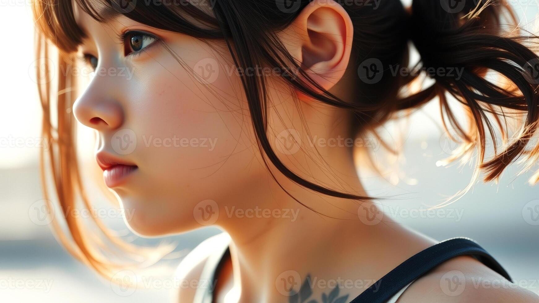 Close-up portrait of a young woman with her hair pulled back, looking off to the side photo