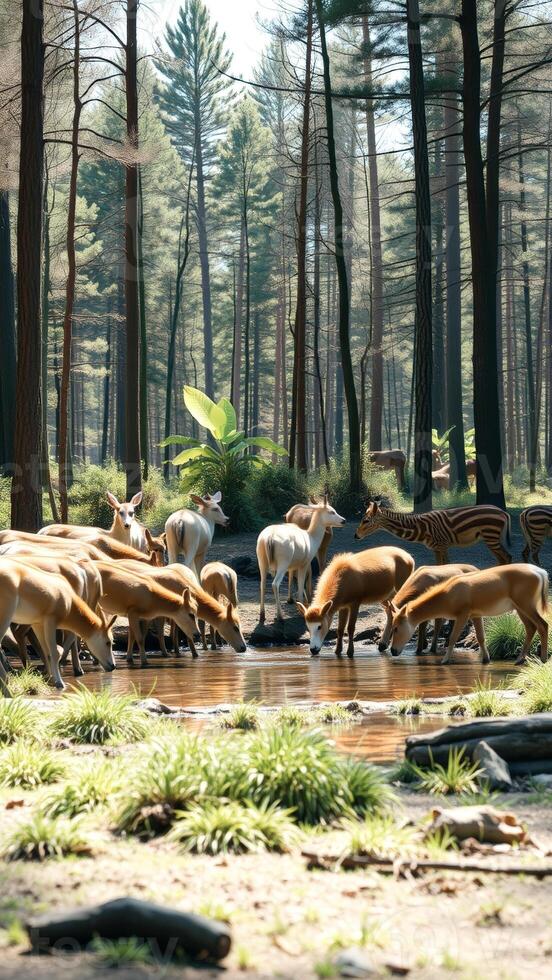 Herd of Deer Drinking from a Forest Stream photo