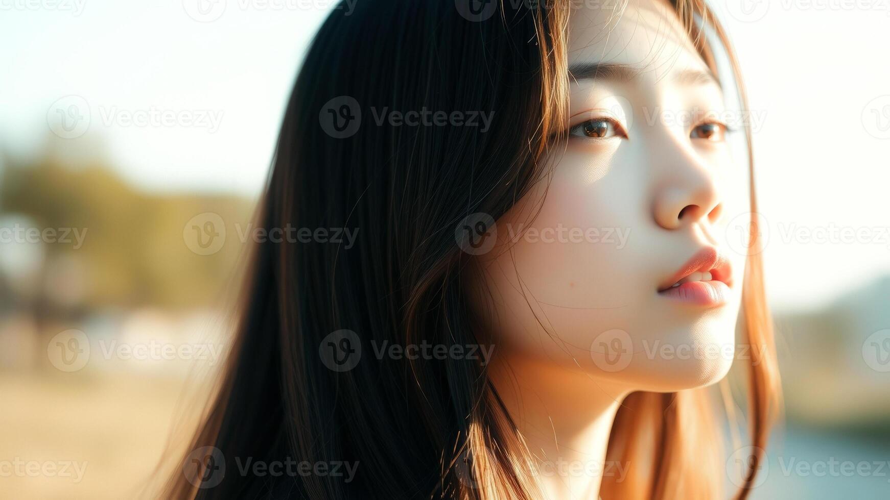 Close-up portrait of young woman with long dark hair, looking away photo