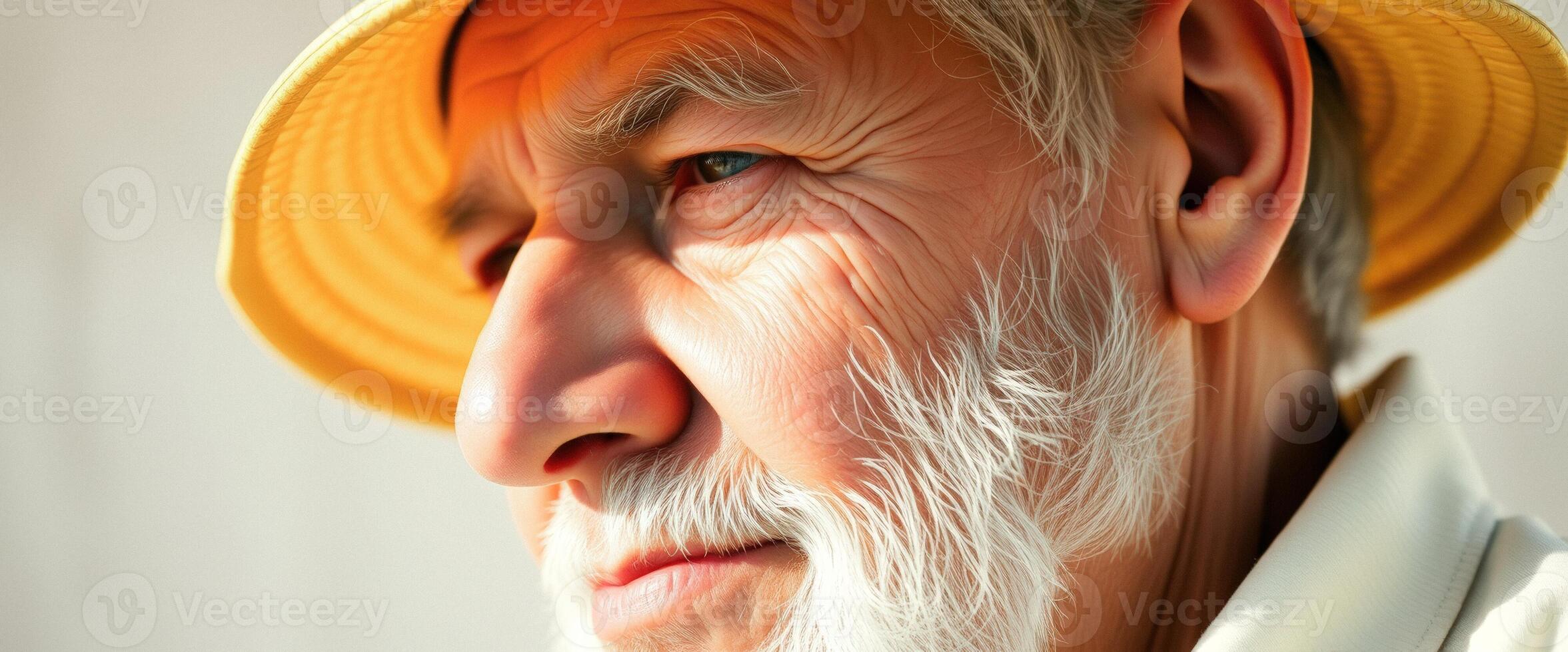 Close-up of a senior man's face, looking thoughtful, wearing a yellow straw hat photo
