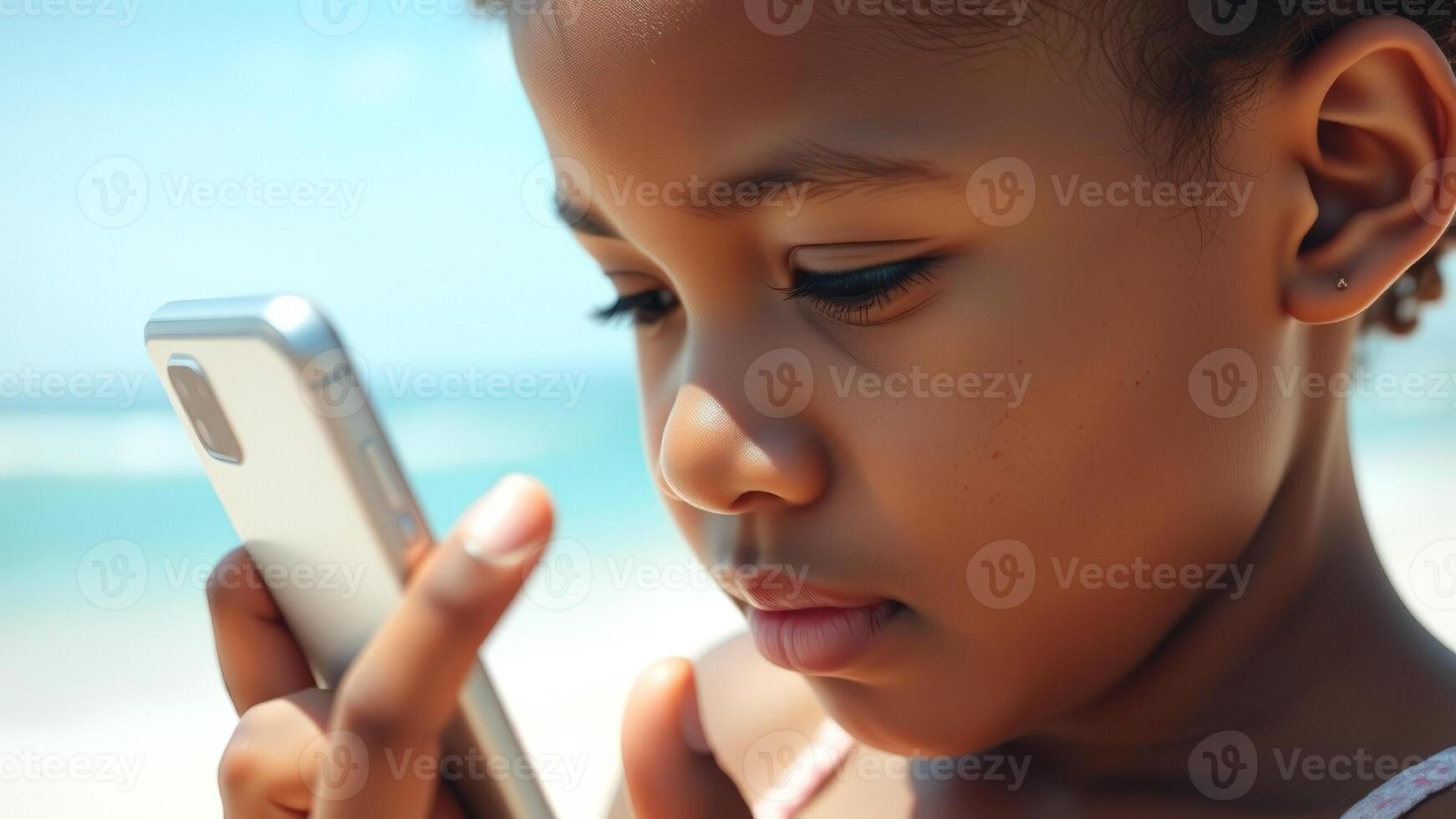 Young girl engrossed in her phone at the beach photo