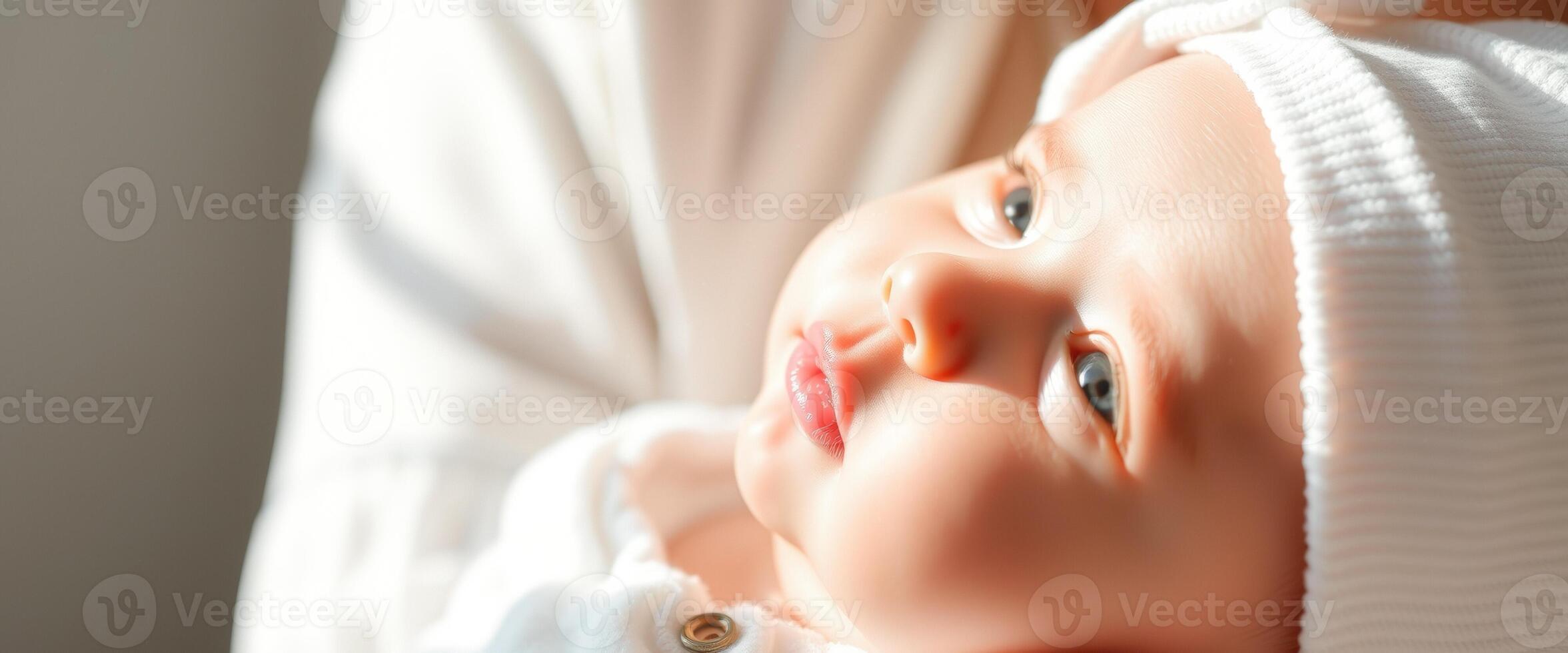 Close-up of a baby's face in a white hat, with soft lighting photo