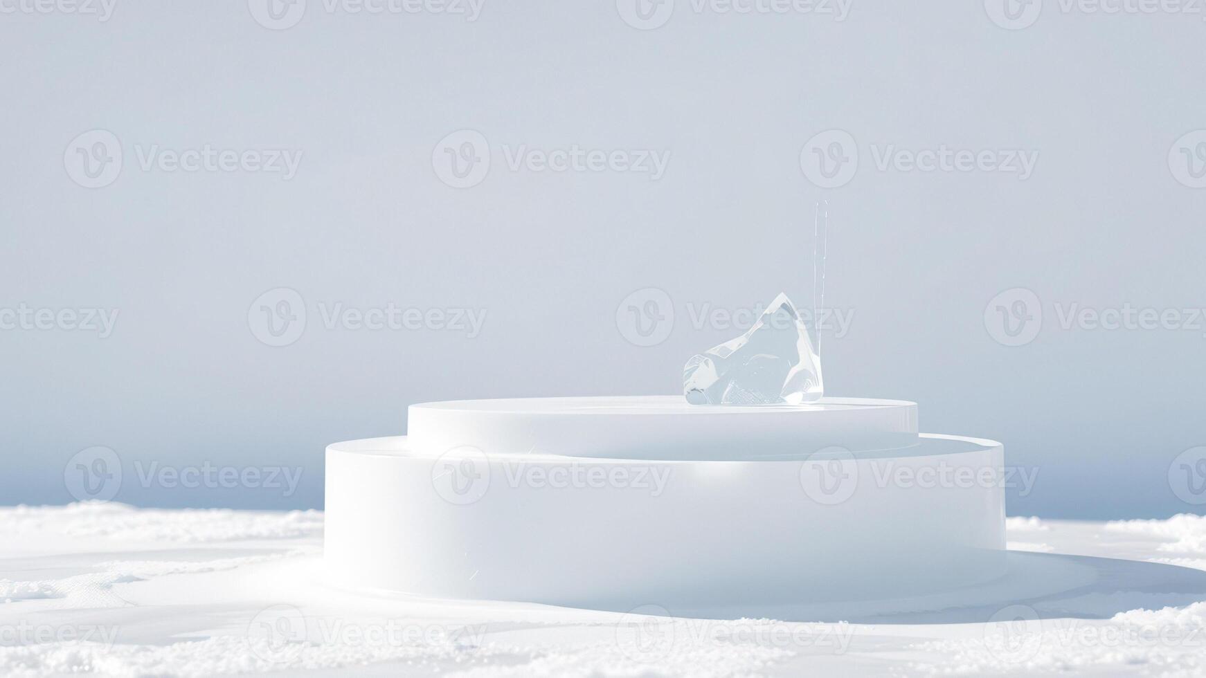 Minimalist White Podium with Ice Crystal on Snowy Surface photo