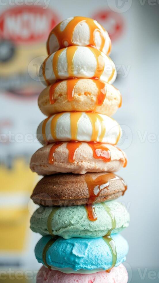 Stack of colorful donuts with caramel topping photo