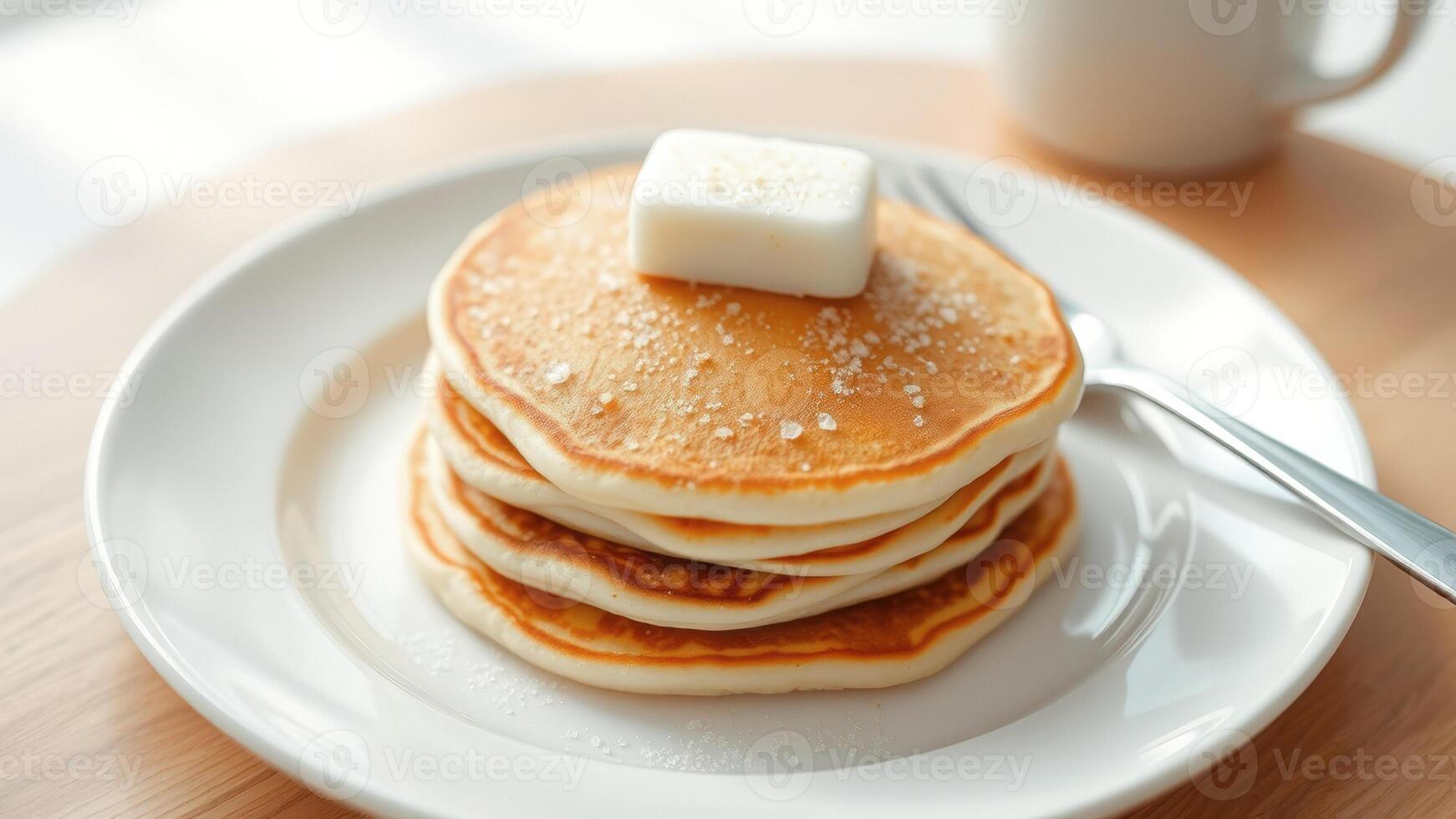 Close up of a stack of pancakes with butter and sugar on a white plate photo