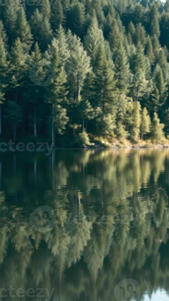 Evergreen Trees Reflected in Still Water photo