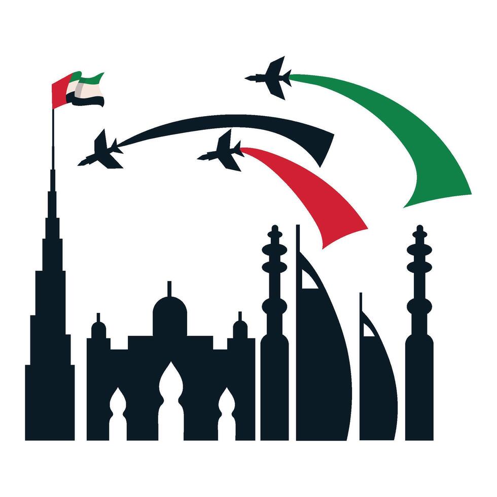 The uae flag is flying over a mosque and a castle vector