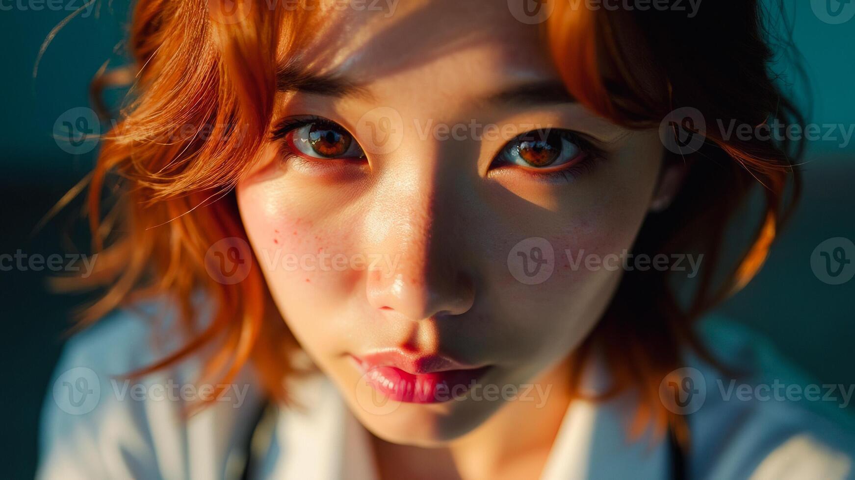 Close-up Portrait of a Woman with Red Hair and Blue Eyes photo