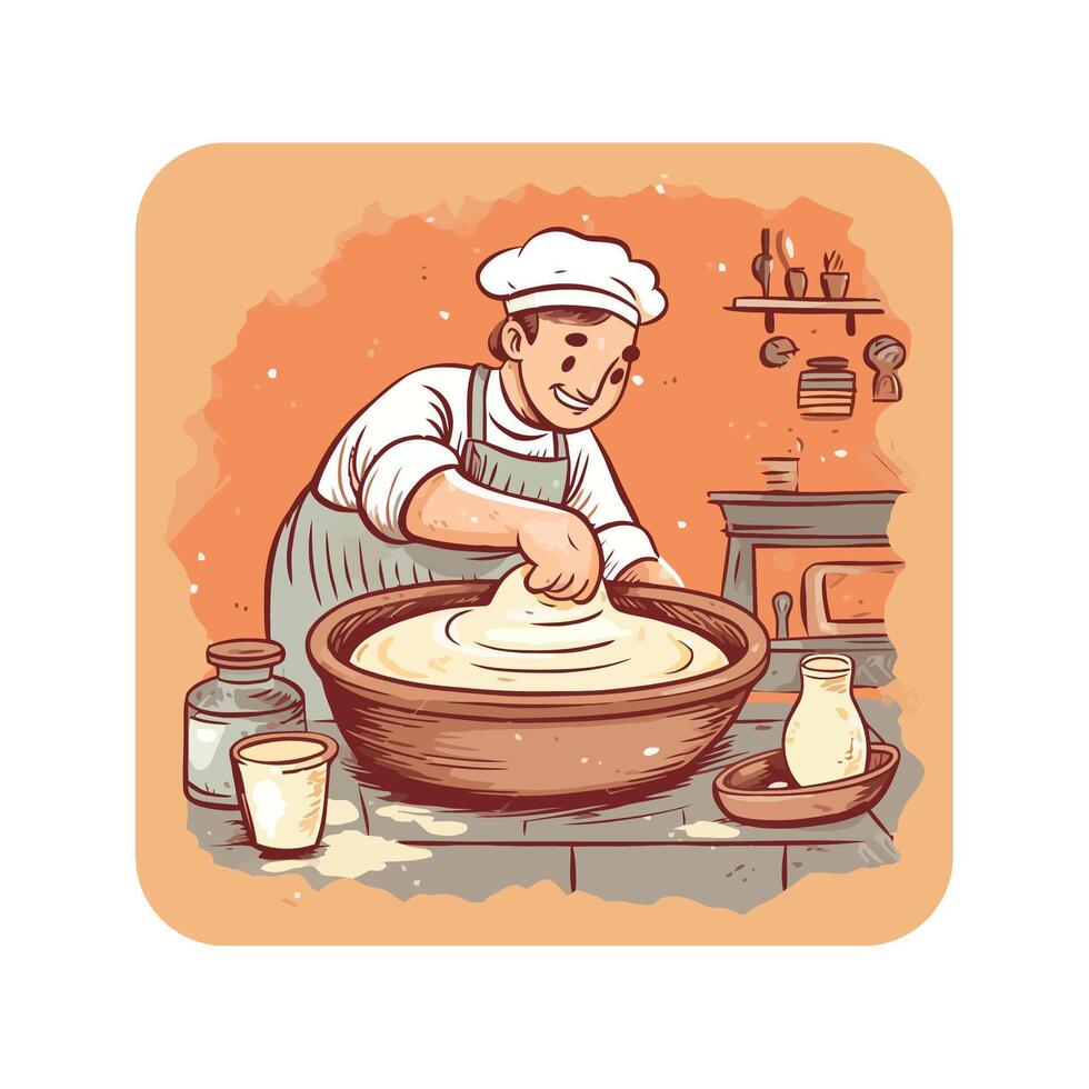 A cartoon chef making bread in a bowl vector