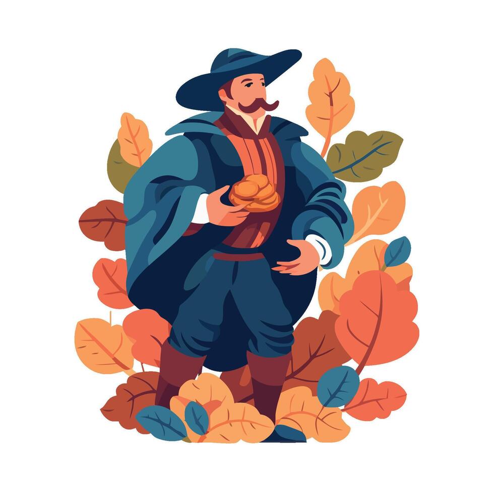 A man in a hat and coat holding a pumpkin vector