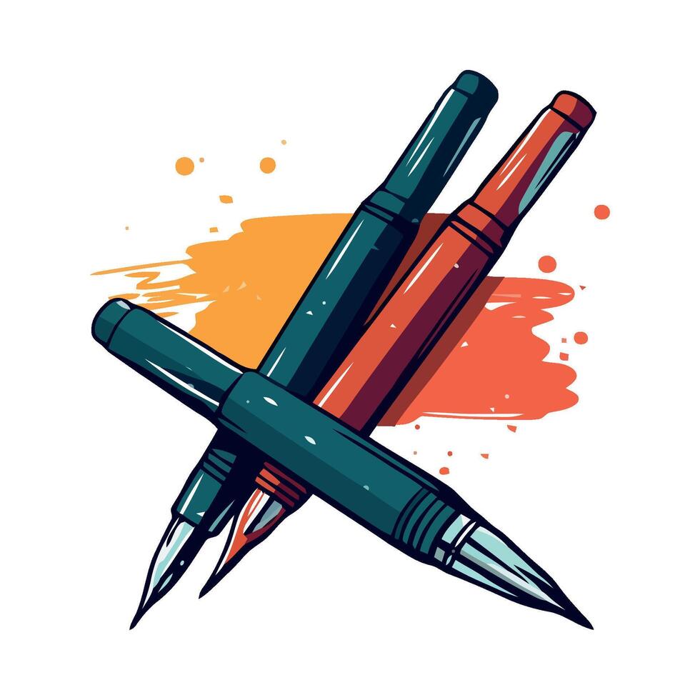 Two pens and a brush on a white background vector