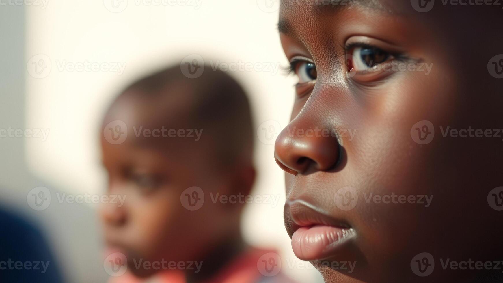 Close-up of a young boy's face with a thoughtful expression photo