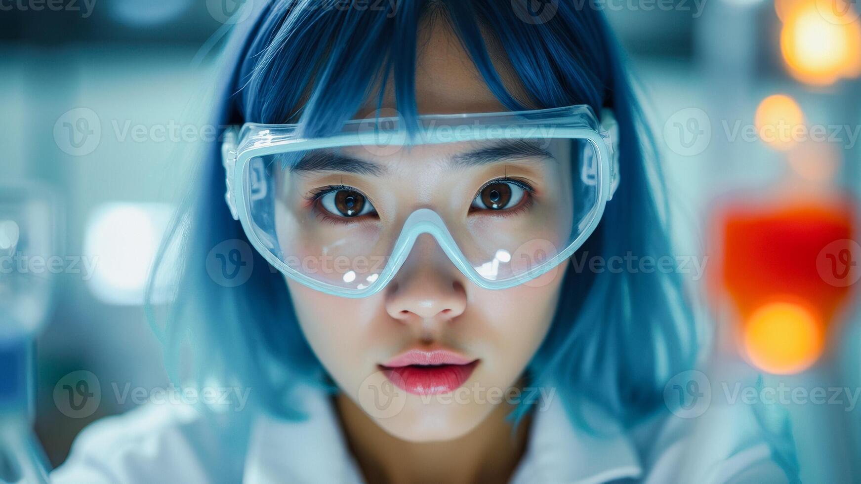 Close-up of a Female Scientist Wearing Protective Goggles in a Laboratory photo