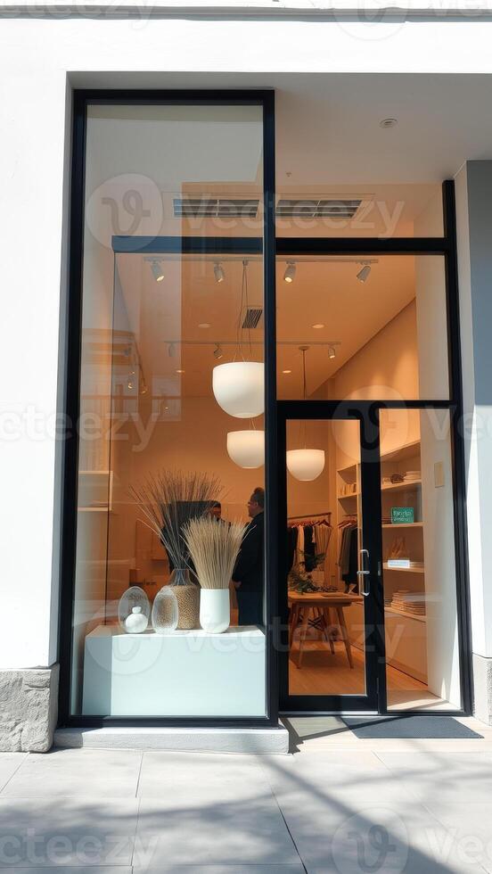 Modern storefront with large window display and black frame photo