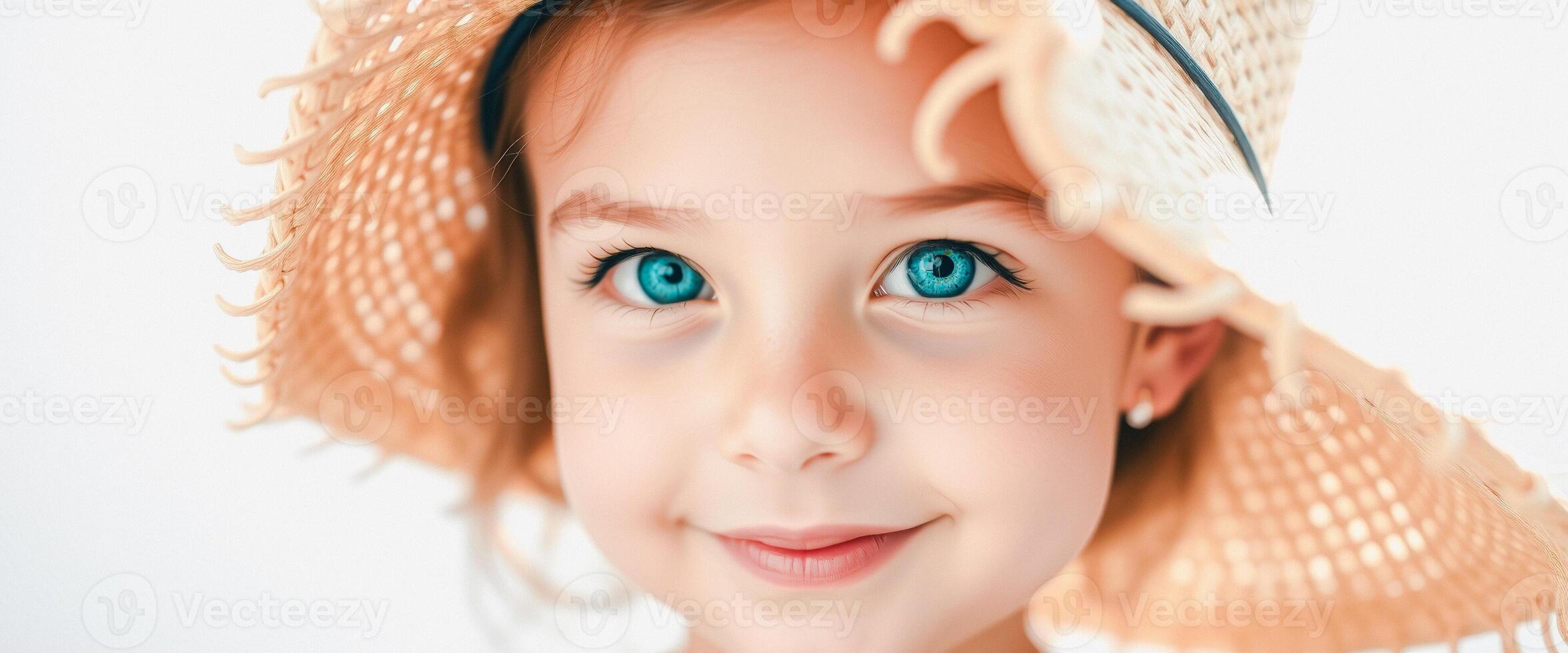 Close-up portrait of a cute little girl with blue eyes wearing a straw hat photo