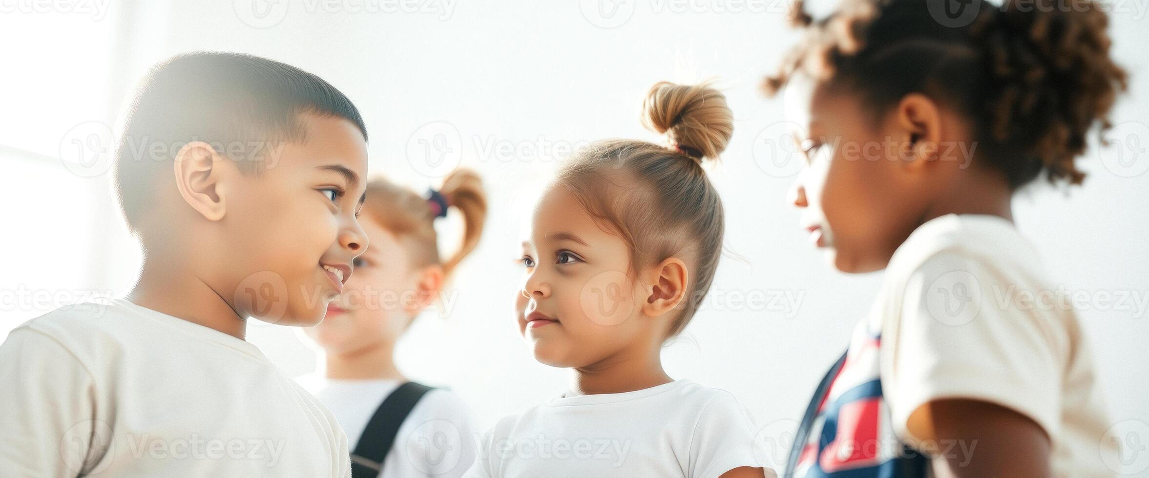 Diverse children looking at each other in a classroom photo