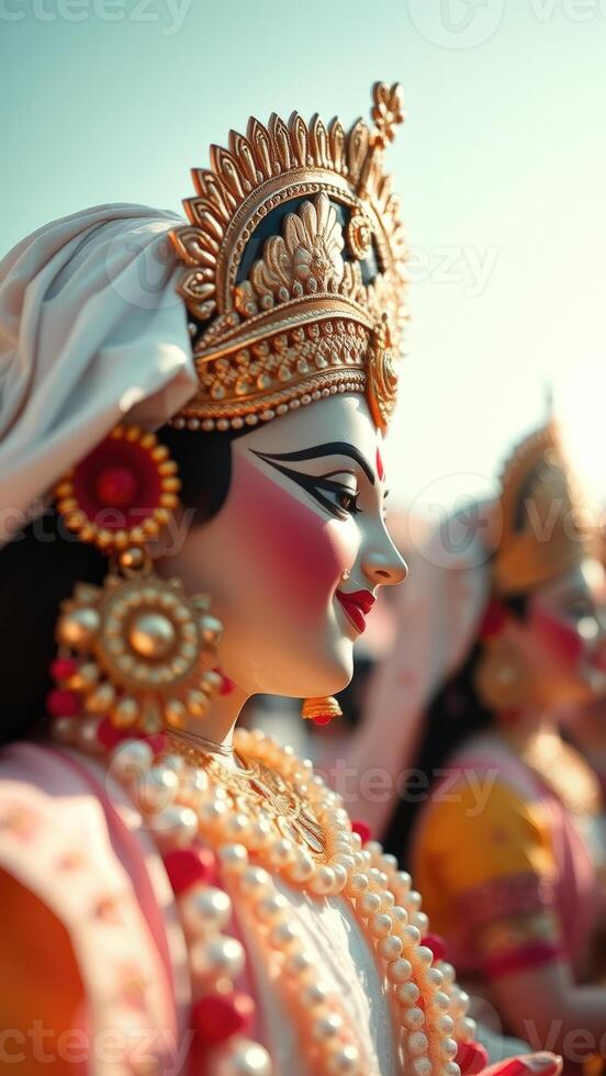 Close-up of a Hindu Goddess Statue with Ornate Headpiece and Jewelry photo