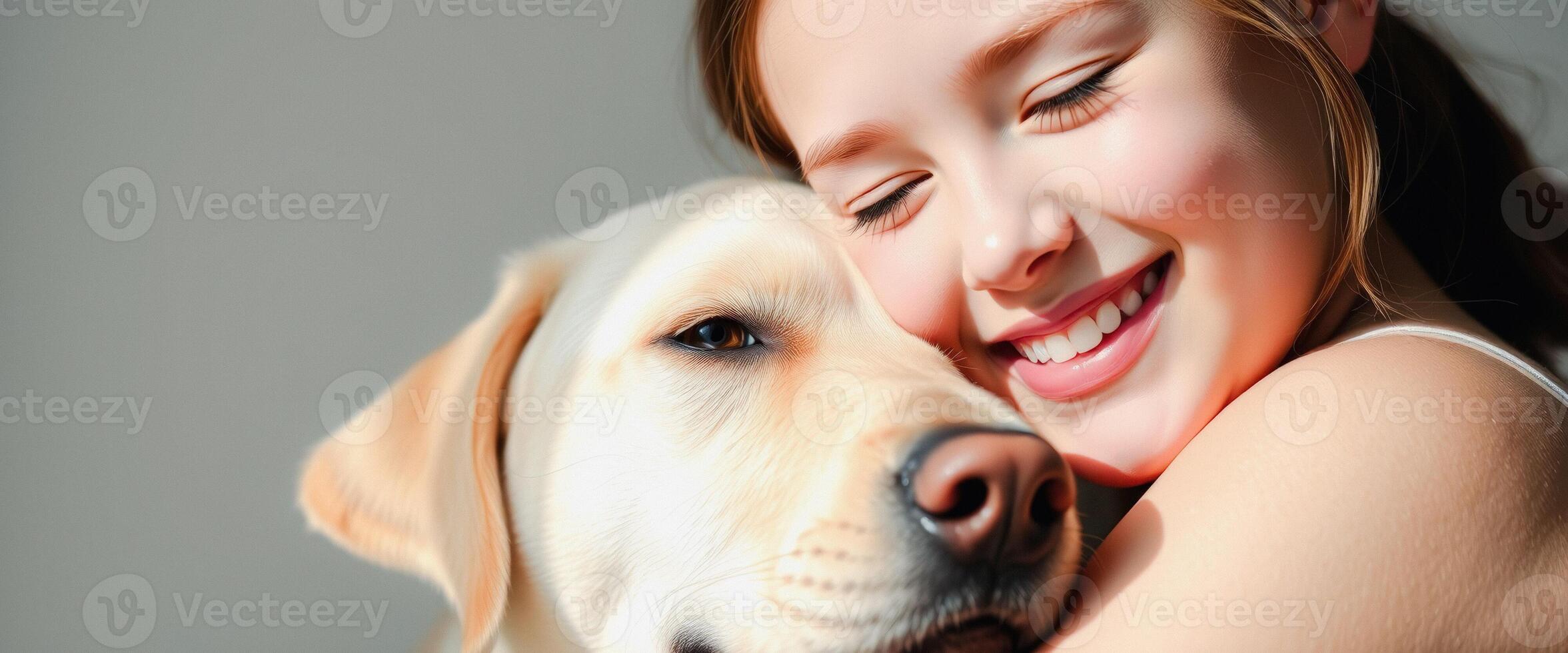 Close up of a girl smiling while hugging her dog photo