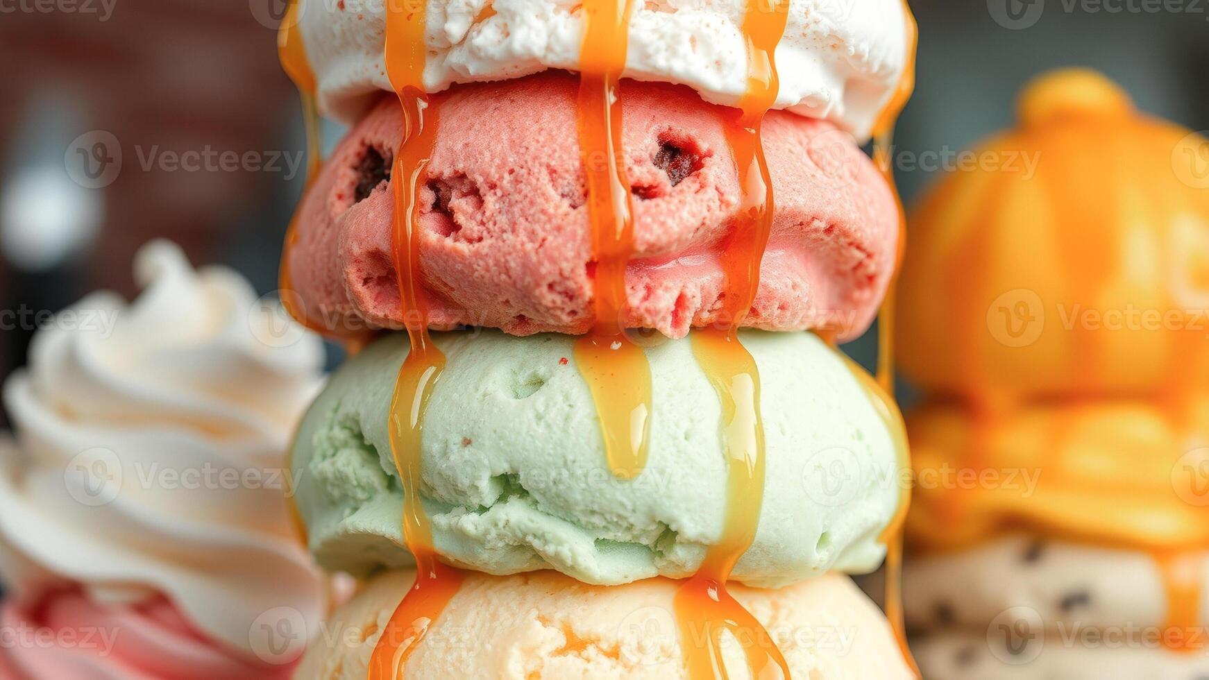 Close-up of a delicious ice cream sundae with caramel sauce photo