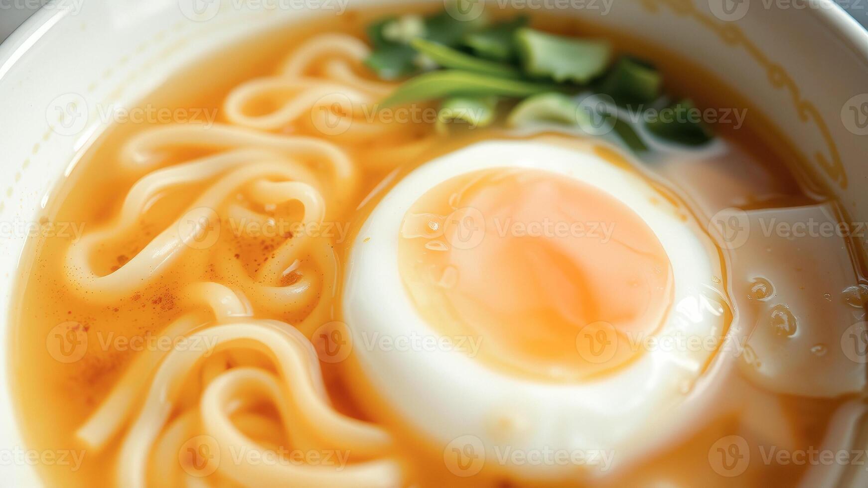 Close-up of Udon Noodles with Egg and Broth photo