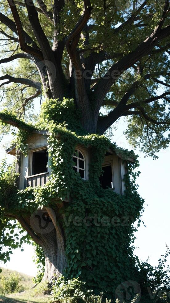 Enchanting Treehouse Nestled in Lush Foliage photo