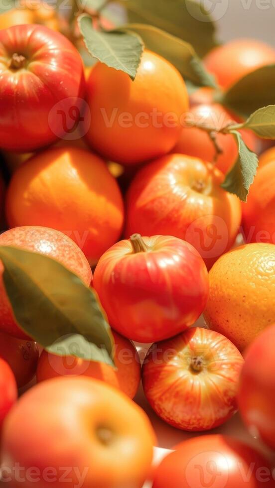 Close-up of fresh red apples and oranges photo