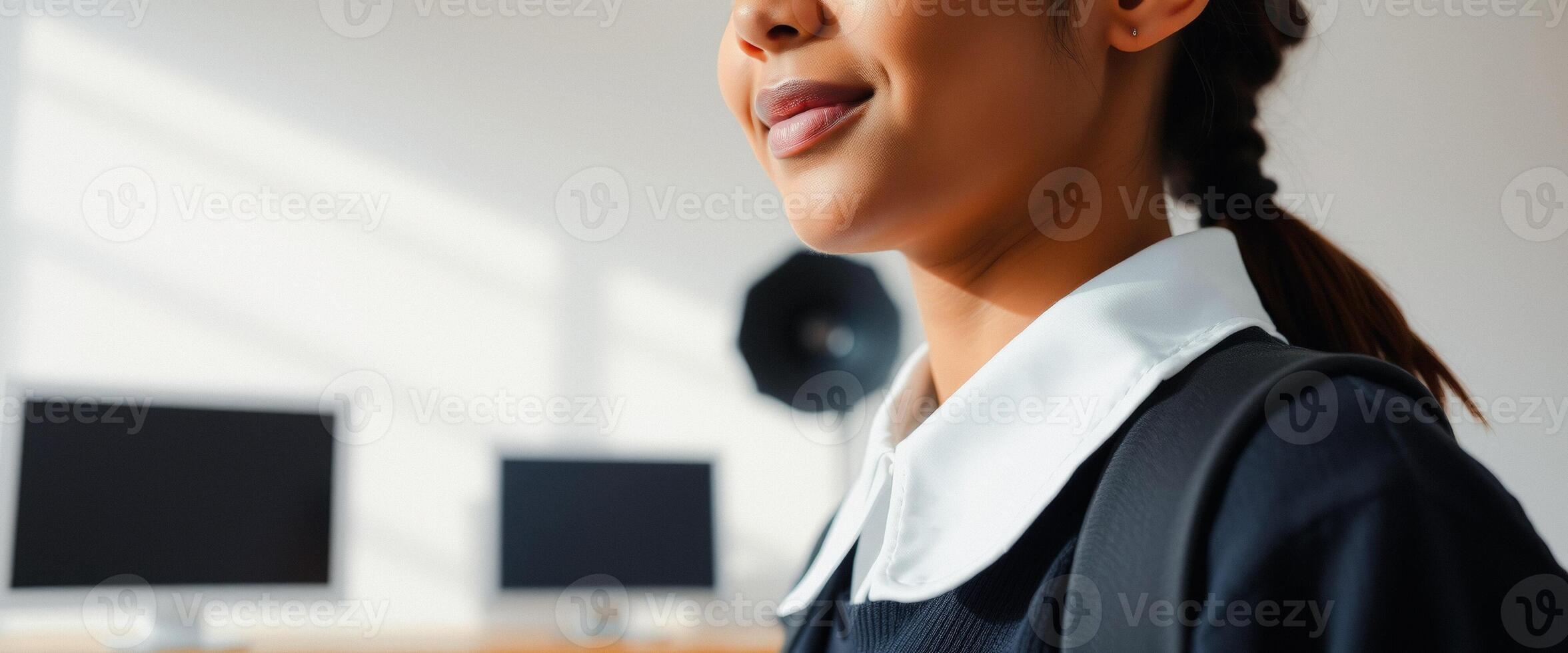 Young Woman Smiling Softly in a White Collar and Blue Sweater photo