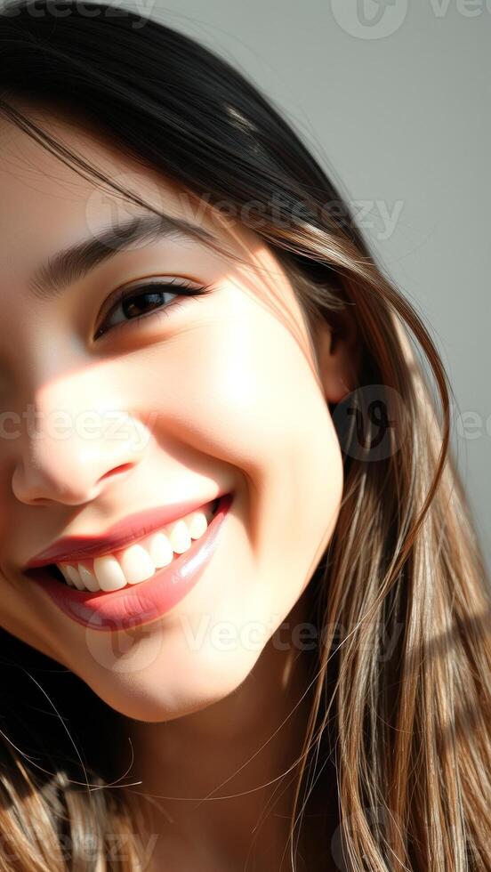 Closeup of a beautiful woman smiling with her long brown hair flowing behind her photo
