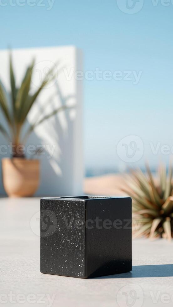 Black Cube on White Surface with Palm Tree in Background photo