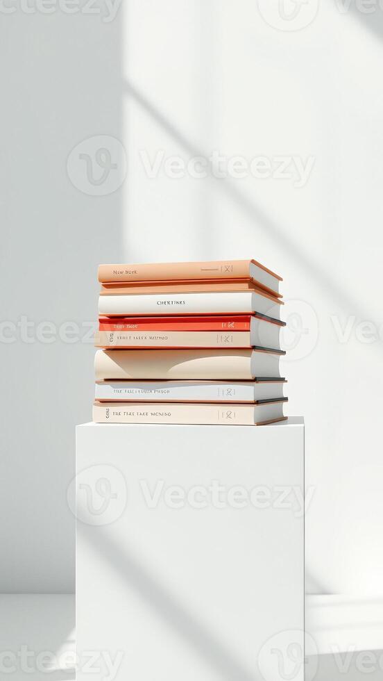 Stack of Books on a White Pedestal with Natural Light photo