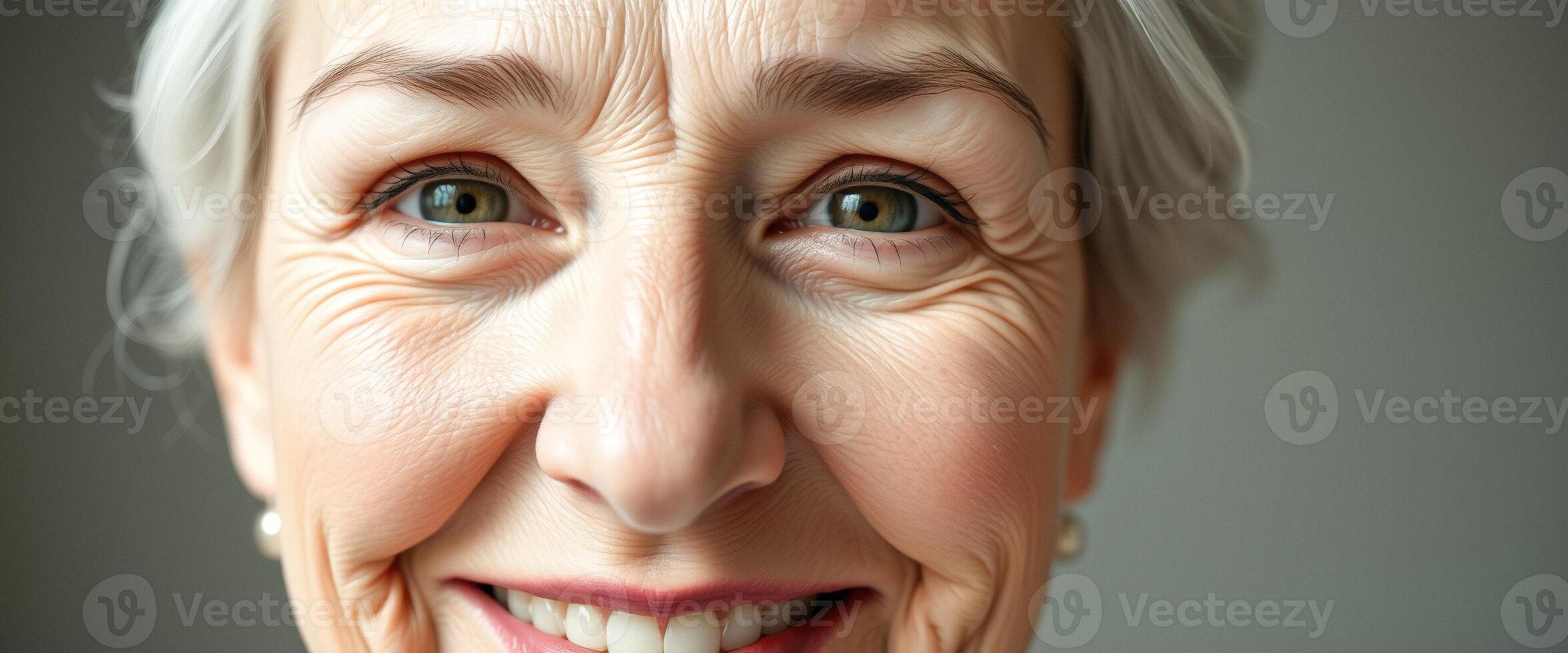 Close-up of a woman's smiling face with wrinkles photo