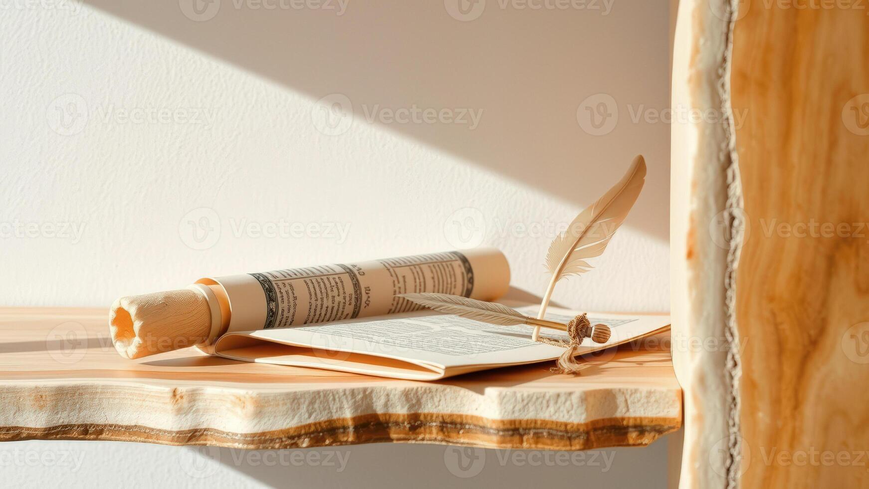 Rolled Up Manuscript with Quill Pen on Wooden Shelf photo