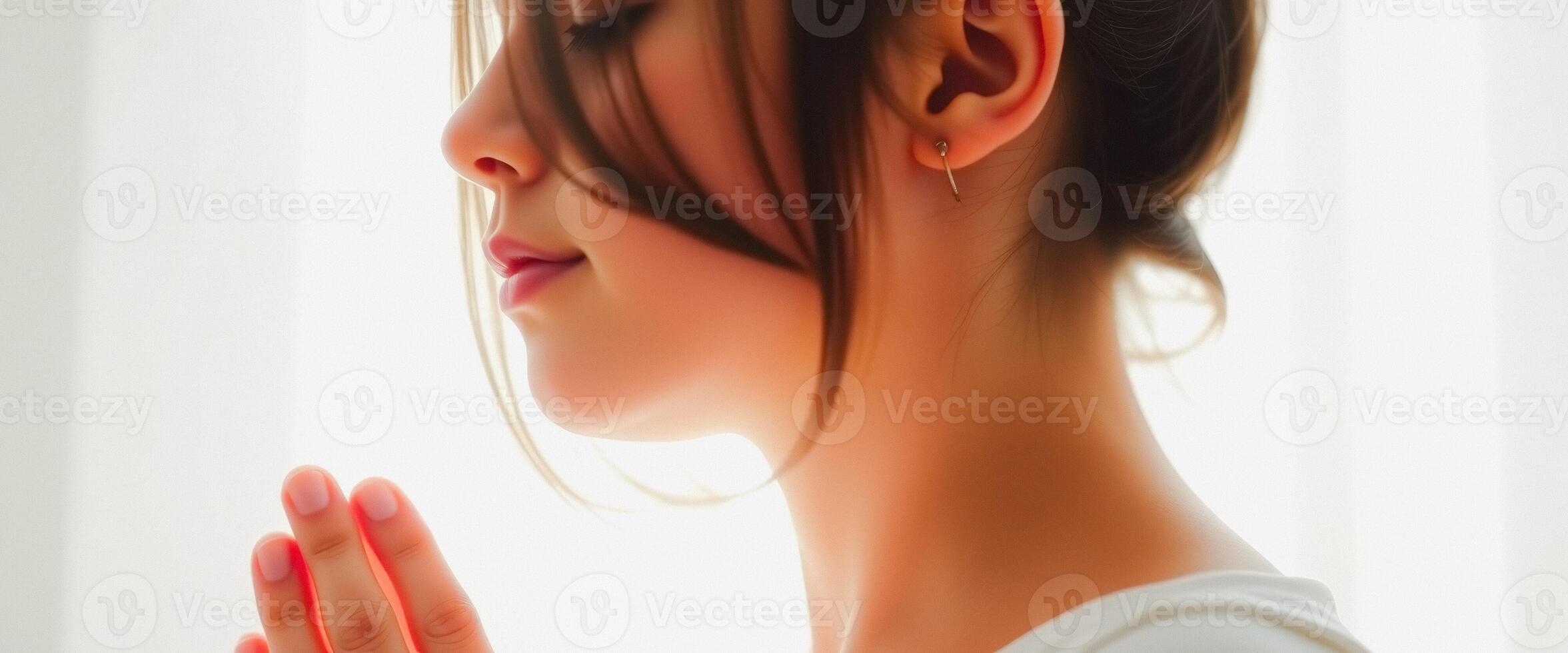Young Woman Praying with Closed Eyes and Folded Hands photo