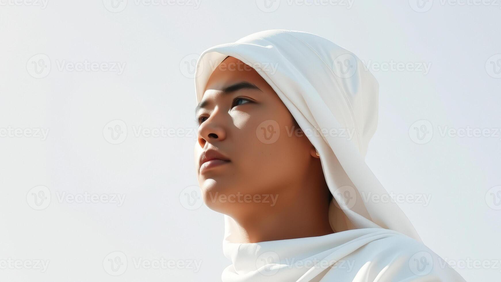 Young Woman in White Headscarf Looking Up photo