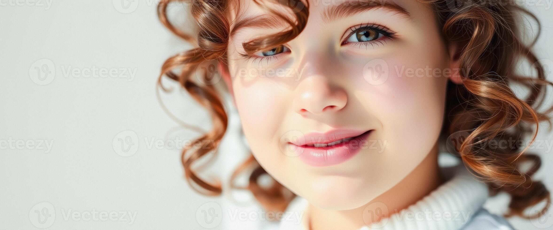 Portrait of a young girl with curly hair and a sweet smile photo