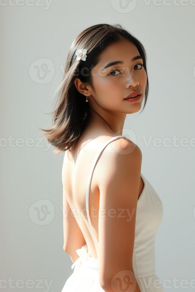 Portrait of a Young Woman in a White Dress photo