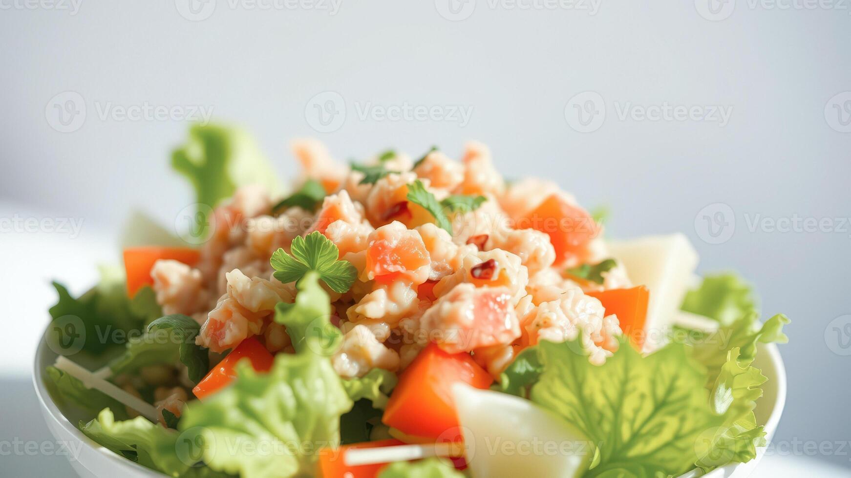 Close-up of a Fresh and Colorful Salad with Tomatoes, Parsley, and Lettuce in a White Bowl photo