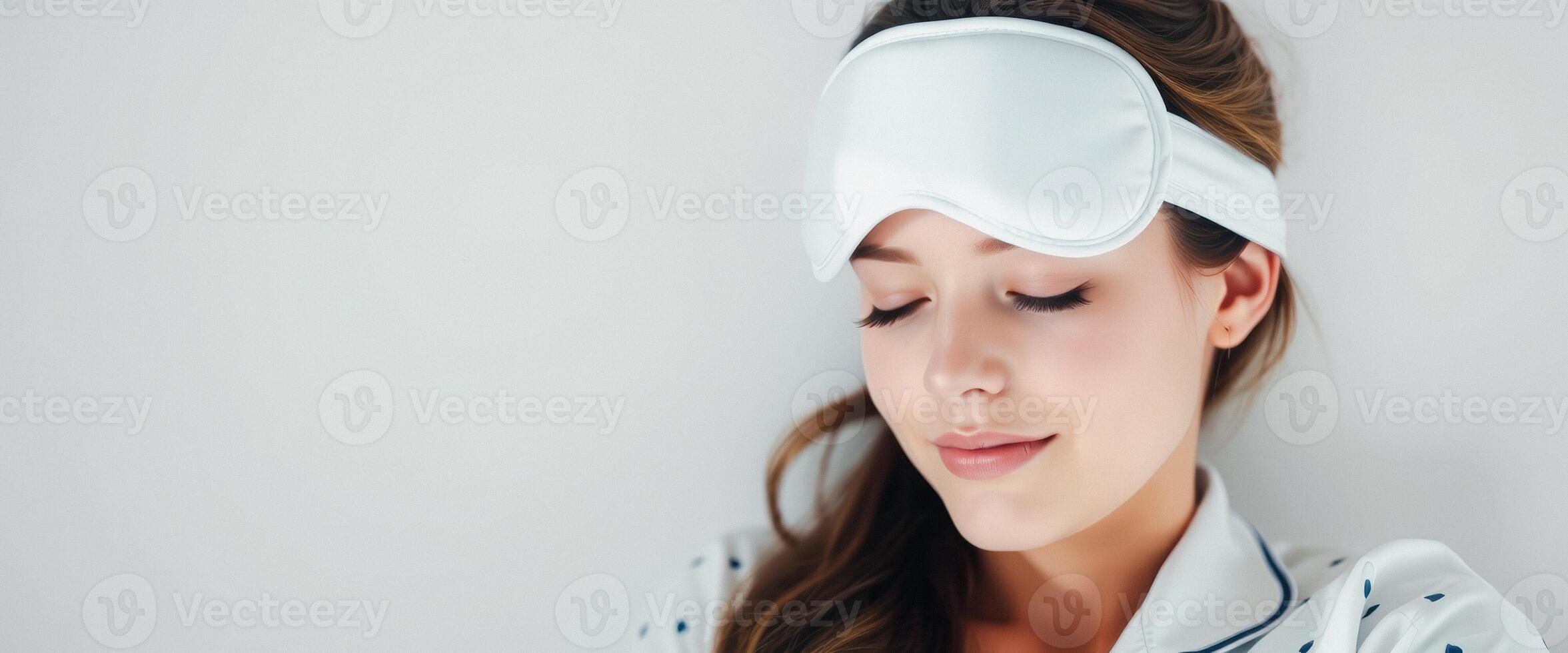 Woman sleeping with a white sleep mask on her eyes photo