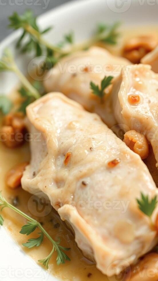 Close-up of chicken breast with gravy and parsley photo