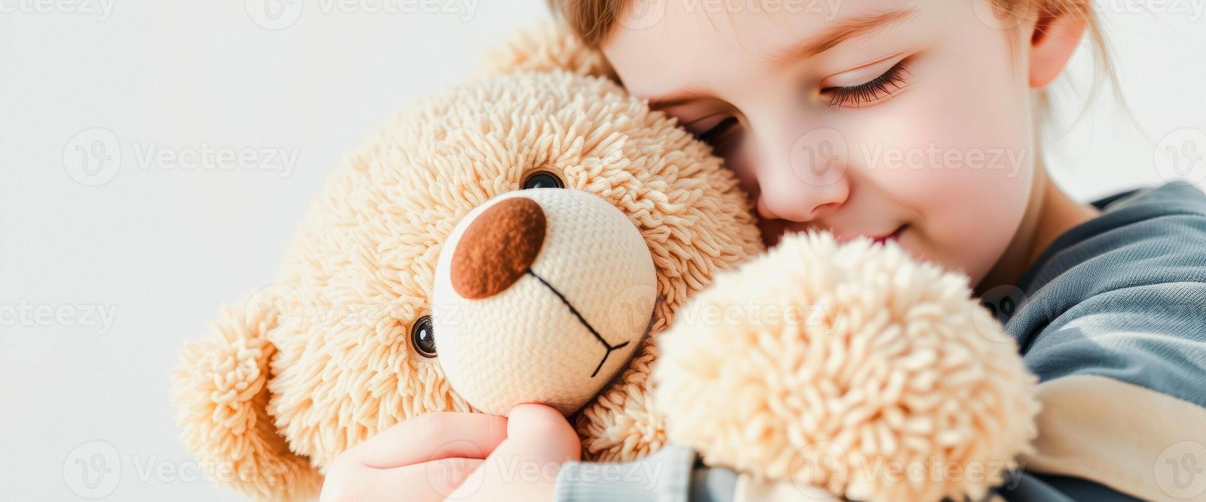 Little Girl Hugs Teddy Bear Close photo