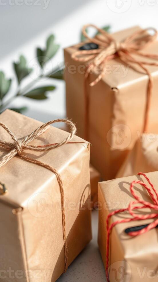 Close up of brown gift boxes tied with twine and string on a white background photo
