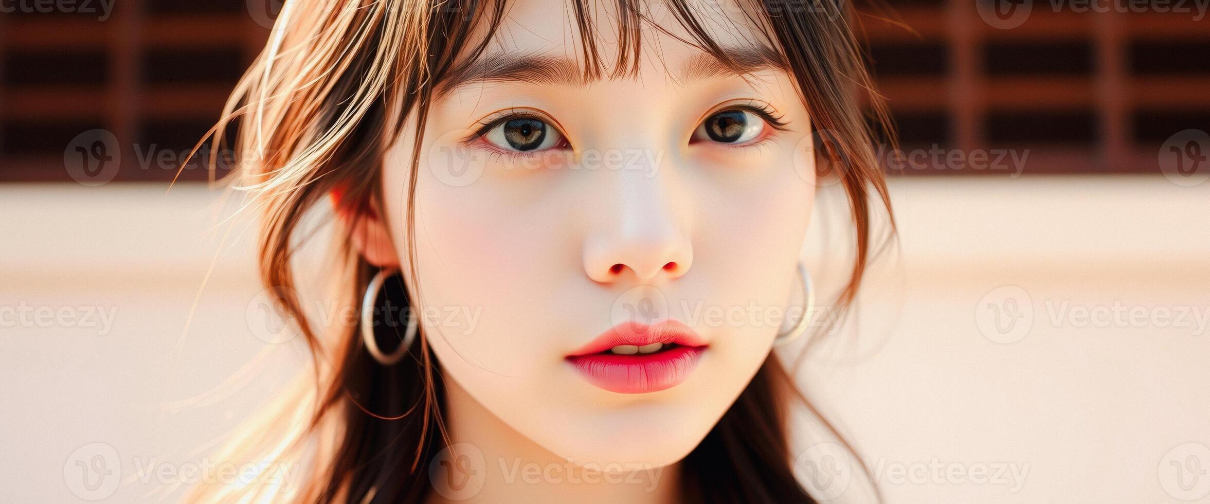 Close-up portrait of a young woman with long brown hair and red lipstick photo