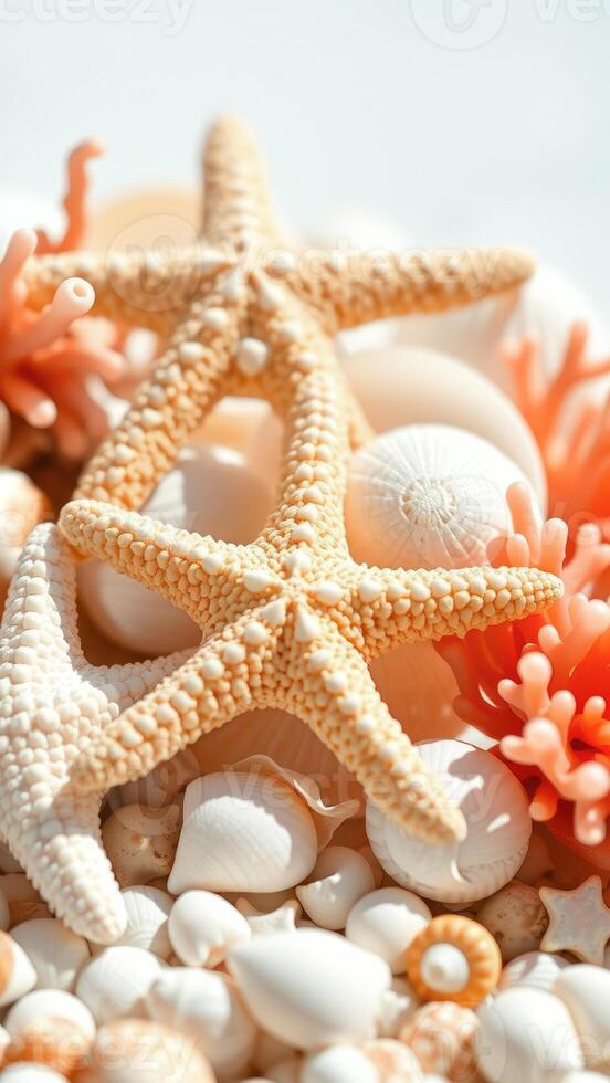 Starfish and Seashells on White Background photo