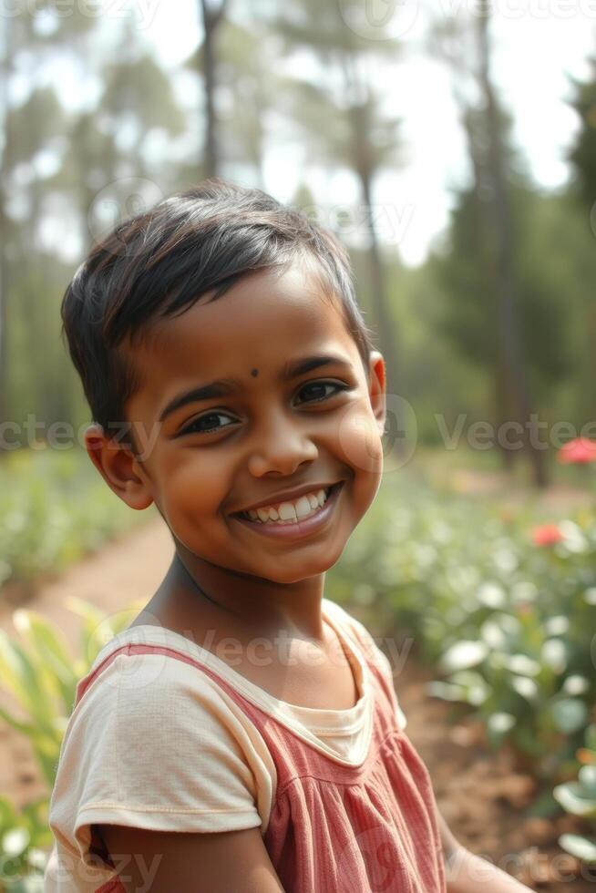 Little girl smiling in a garden photo