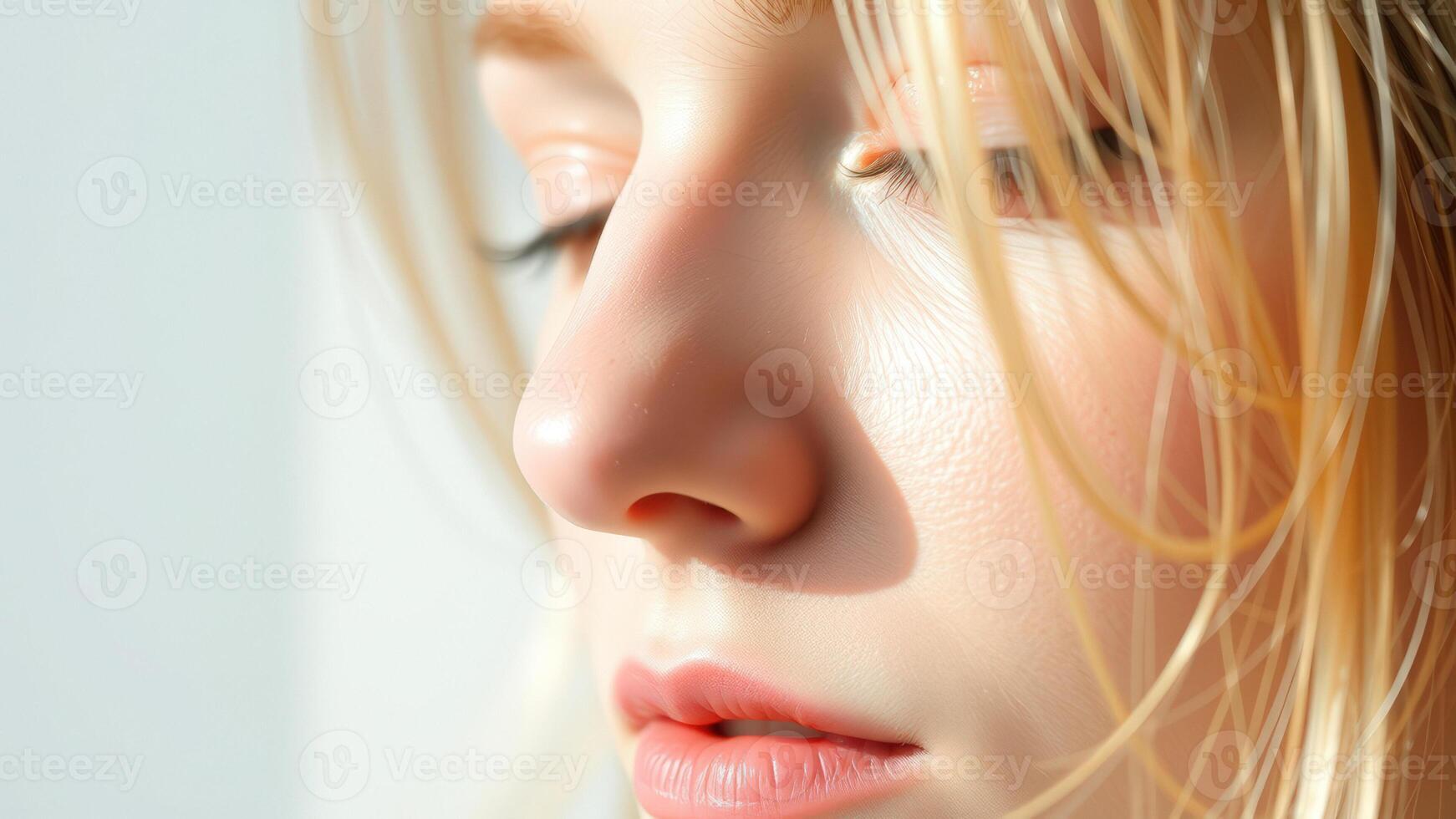 Closeup of a woman's face with sunlight on her skin photo