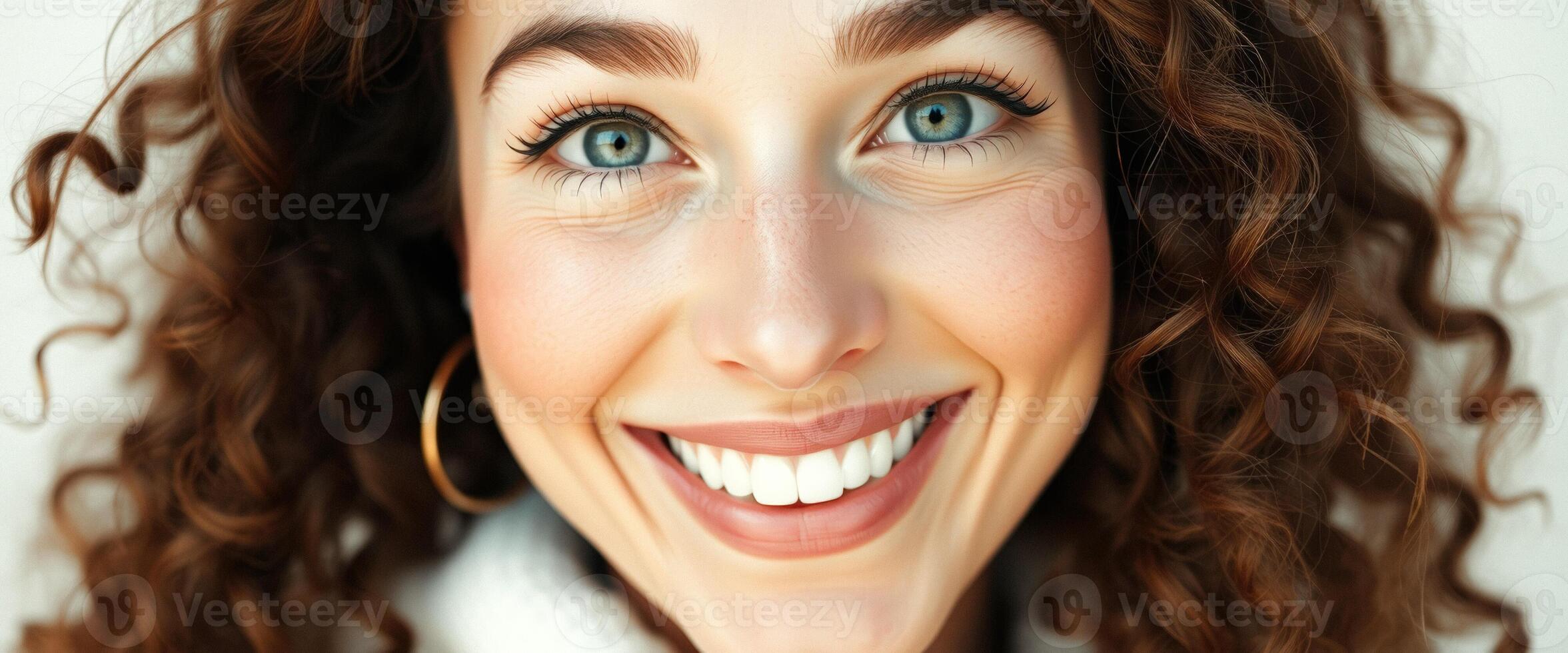 de cerca de un mujer rostro, con Rizado marrón cabello, azul ojos, y un amplio sonrisa foto