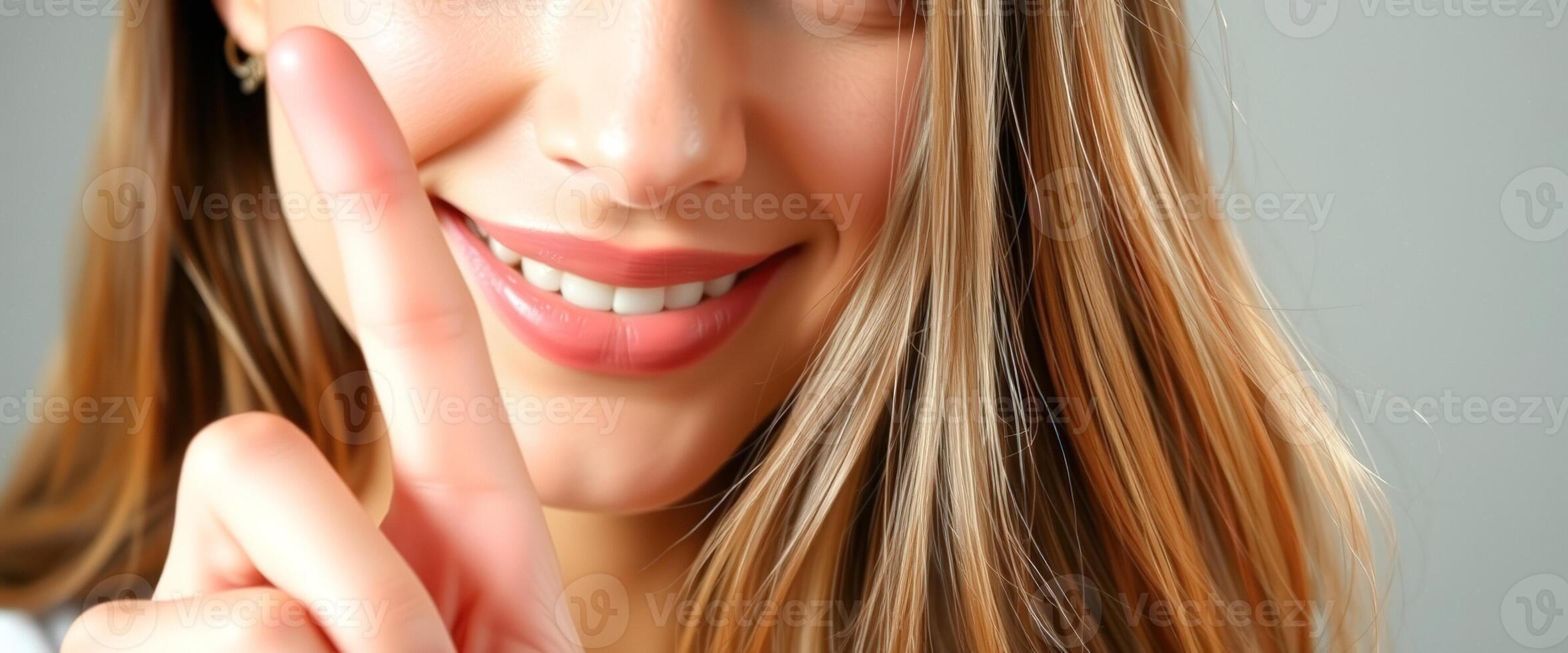 Woman with finger to lips, smiling and looking away photo