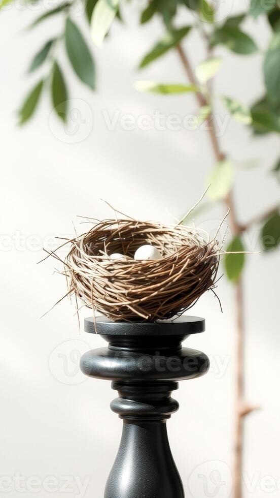 Bird's nest on a black pedestal with a blurred green plant background photo