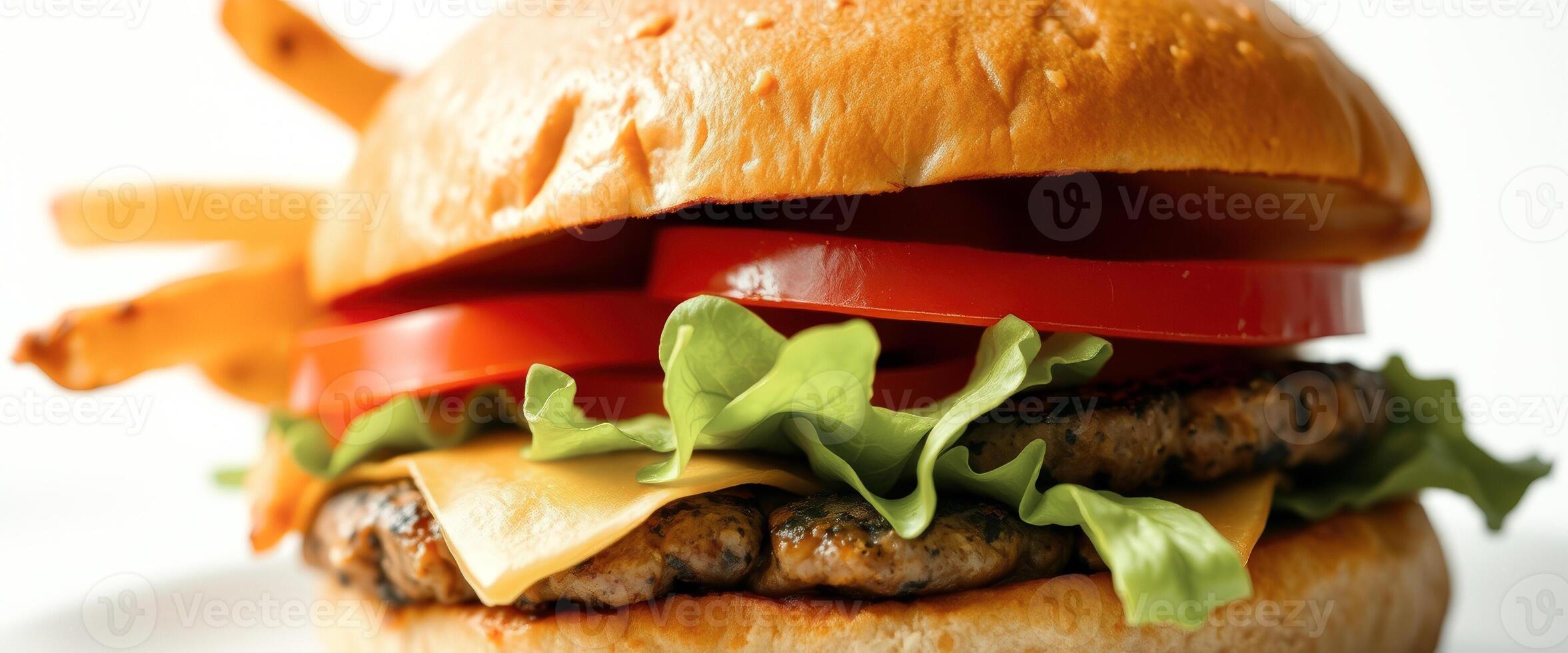 Close-up of a Juicy Cheeseburger with Lettuce and Tomato photo