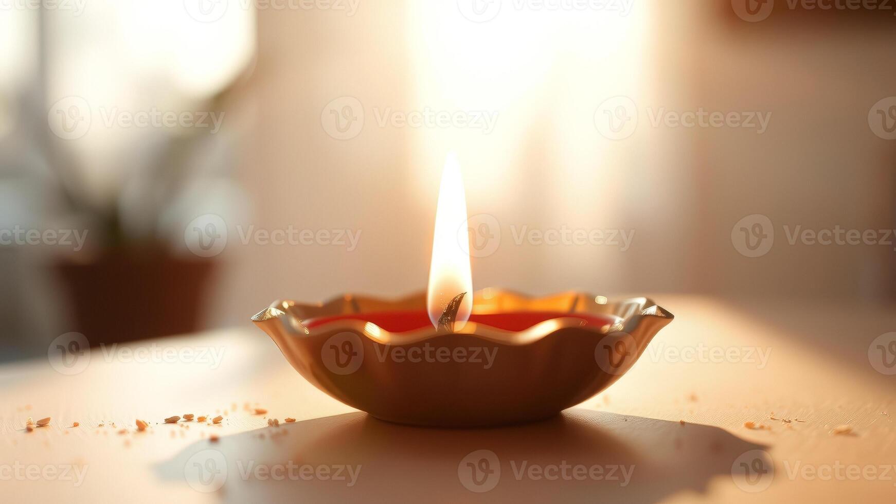Burning Candle in a Golden Diya photo